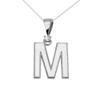 White Gold High Polish Milgrain Solitaire Diamond "M" Initial Pendant Necklace