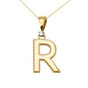 Yellow Gold High Polish Milgrain Solitaire Diamond "R" Initial Pendant Necklace