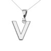 White Gold High Polish Milgrain Solitaire Diamond "V" Initial Pendant Necklace