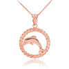 Rose Gold Jumping Dolphin in Circle Rope Pendant Necklace