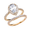Pear Shape Solitaire Elegant Yellow Gold Cubic Zirconia Engagement Wedding Ring Set