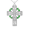 White Gold Fancy Celtic Gemstone and Diamond Cross Pendant Necklace