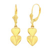 14K Yellow Solid Gold Two Stacked Hearts Love Earring Set