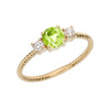 Dainty Yellow Gold Peridot and White Topaz Rope Design Engagement/Promise Ring