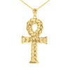 Yellow Gold Textured Ankh Egyptian Cross Pendant Necklace