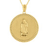 Solid Yellow Gold Cuban Link Framed Virgen de Guadalupe Circle Medallion Pendant Necklace (1.18")