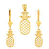 14K Solid Yellow Gold Pineapple Pendant Earring Set