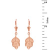 14K Solid Rose Gold Matte Detailed Textured Leaf Drop Earring Set