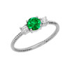 Dainty White Gold Emerald and White Topaz Rope Design Engagement/Promise Ring