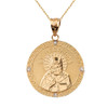 Solid Yellow Gold Greek Orthodox Saint Nectarios of Aegina Engravable Diamond Medallion Pendant Necklace  1.16 " (29 mm)