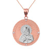Two Tone Solid Rose Gold Greek Orthodox Saint Nectarios of Aegina Engravable Diamond Medallion Pendant Necklace  1.16 " (29 mm)