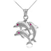 White Gold Red CZ Jumping Triple Dolphin Pendant Necklace