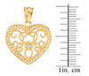 Yellow Gold Filigree Heart Diamond and CZ Pendant Necklace