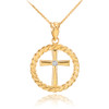 Gold Cross with Diamond Circle Rope Pendant Necklace