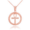Rose Gold Roped Circle Egyptian Ankh Cross with Diamond Pendant Necklace