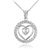 White Gold Roped Circle Double Heart with Diamond Pendant Necklace