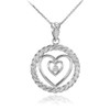 Sterling Silver Roped Circle Double Heart with CZ Pendant Necklace