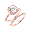Beautiful Dainty Rose Gold 3 Carat Halo Solitaire CZ Engagement Wedding Ring Set