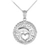 Silver Roped Circle Jumping Dolphin Heart Filigree CZ Pendant Necklace