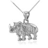 White Gold Diamond Cut African Rhino Pendant Necklace
