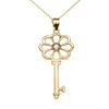 Yellow Gold Solitaire Diamond Flower Key Pendant Necklace