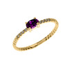 Yellow Gold Dainty Solitaire Oval Amethyst and Diamond Rope Design Engagement/Proposal/Stackable Ring