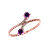 Rose Gold Dainty Two Stone Amethyst and Diamond Rope Design Promise Ring