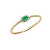 Yellow Gold Dainty Halo Diamond and Marquise Emerald Solitaire Rope Design Promise/Stackable Ring