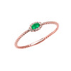 Rose Gold Dainty Halo Diamond and Marquise Emerald Solitaire Rope Design Promise/Stackable Ring