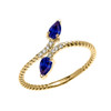 Yellow Gold Dainty Two Stone Pear Shape Sapphire and Diamond Rope Design Promise Ring