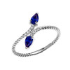 White Gold Dainty Two Stone Pear Shape Sapphire and Diamond Rope Design Promise Ring