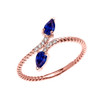 Rose Gold Dainty Two Stone Pear Shape Sapphire and Diamond Rope Design Promise Ring
