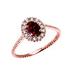 Rose Gold Dainty Halo Diamond and Oval Garnet Solitaire Rope Design Engagement/Promise Ring
