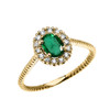 Yellow Gold Dainty Halo Diamond and Oval Emerald Solitaire Rope Design Engagement/Promise Ring