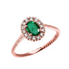 Rose Gold Dainty Halo Diamond and Oval Emerald Solitaire Rope Design Engagement/Promise Ring
