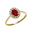 Yellow Gold Dainty Halo Diamond and Oval Ruby Solitaire Rope Design Engagement/Promise Ring