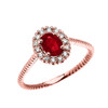 Rose Gold Dainty Halo Diamond and Oval Ruby Solitaire Rope Design Engagement/Promise Ring