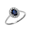 White Gold Dainty Halo Diamond and Oval Sapphire Solitaire Rope Design Engagement/Promise Ring