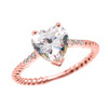 Dainty Rose Gold Diamond and 3 Carat Heart Cubic Zirconia Solitaire Rope Design Engagement Ring