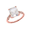 Rose Gold Dainty Emerald Cut Cubic Zirconia and Diamond Solitaire Rope Design Engagement/Promise Ring
