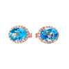Rose Gold Elegant Diamond Oval Halo Solitaire Blue Topaz Stud Earrings