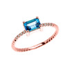 Dainty Rose Gold Solitaire Emerald Cut Blue Topaz and Diamond Rope Design Engagement/Promise Ring