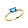 Dainty Yellow Gold Solitaire Emerald Cut Blue Topaz and Diamond Rope Design Engagement/Promise Ring