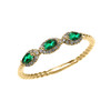 Yellow Gold Dainty Three Stone Marquise Emerald Rope Diamond Promise Ring