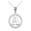 White Gold "A" Initial in Rope Circle Pendant Necklace