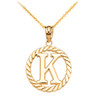Yellow Gold "K" Initial in Rope Circle Pendant Necklace