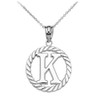 White Gold "K" Initial in Rope Circle Pendant Necklace