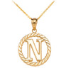 Yellow Gold "N" Initial in Rope Circle Pendant Necklace