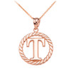 Rose Gold "T" Initial in Rope Circle Pendant Necklace