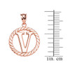Rose Gold "V" Initial in Rope Circle Pendant Necklace